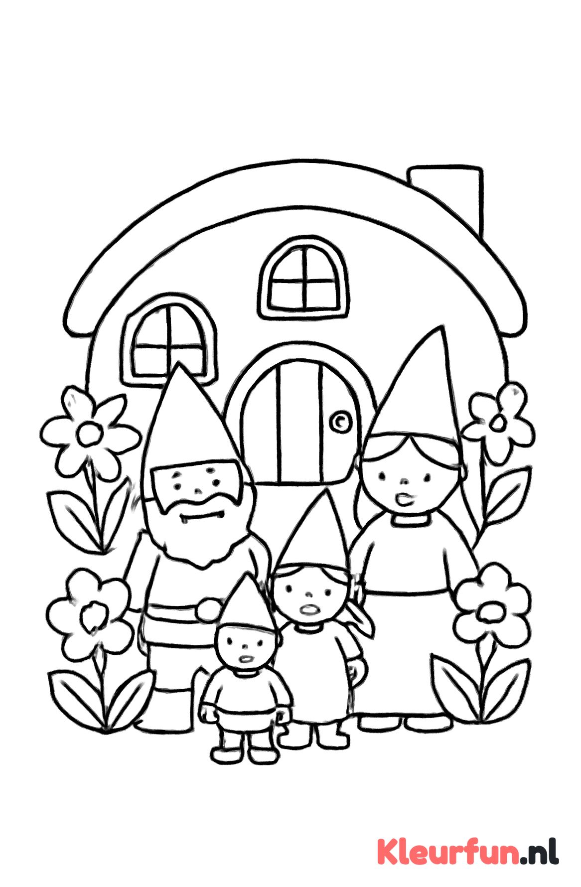 Kabouterfamilie bij hun huisje
