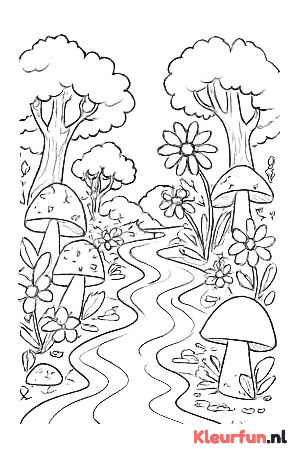 Magisch bos met rivier en paddenstoelen