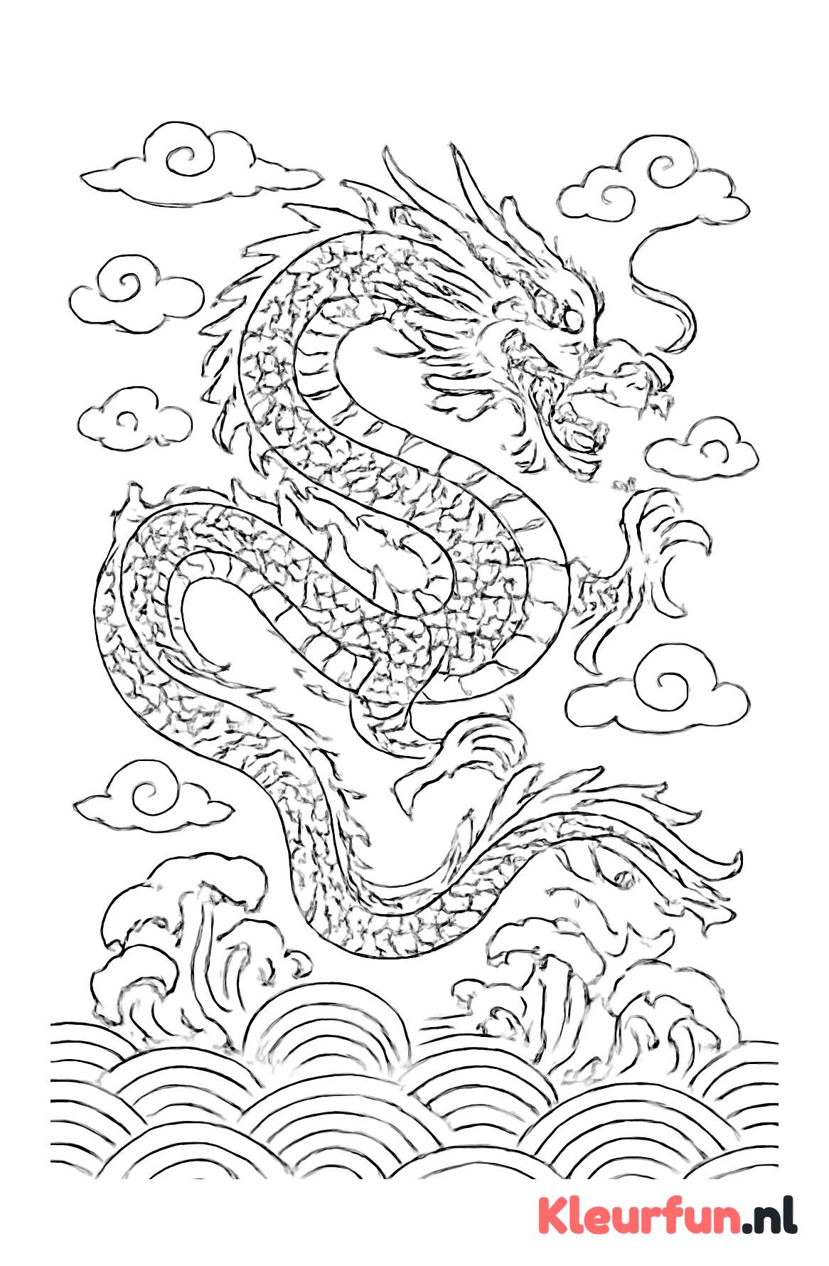 Majestueuze Chinese Draak tussen Wolken en Golven