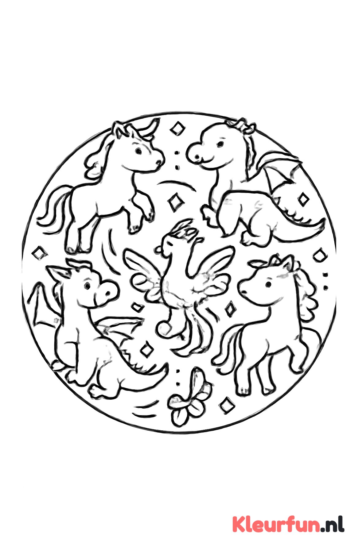 Magische dieren mandala met eenhoorns en draken