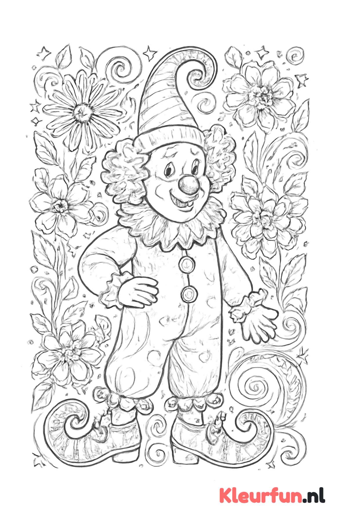 Sprookjesclown met schoenen en bloemen