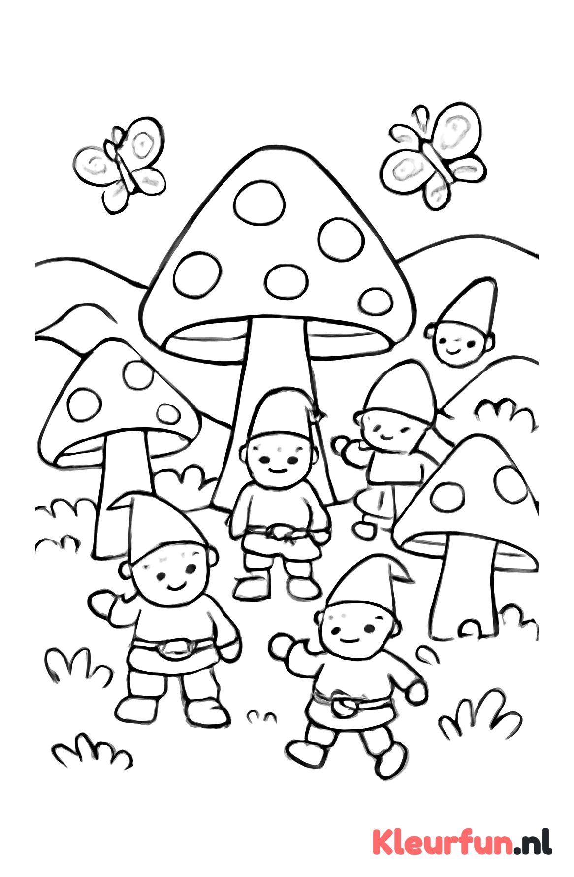 Sprookjesvallei met paddenstoelen en dwergen
