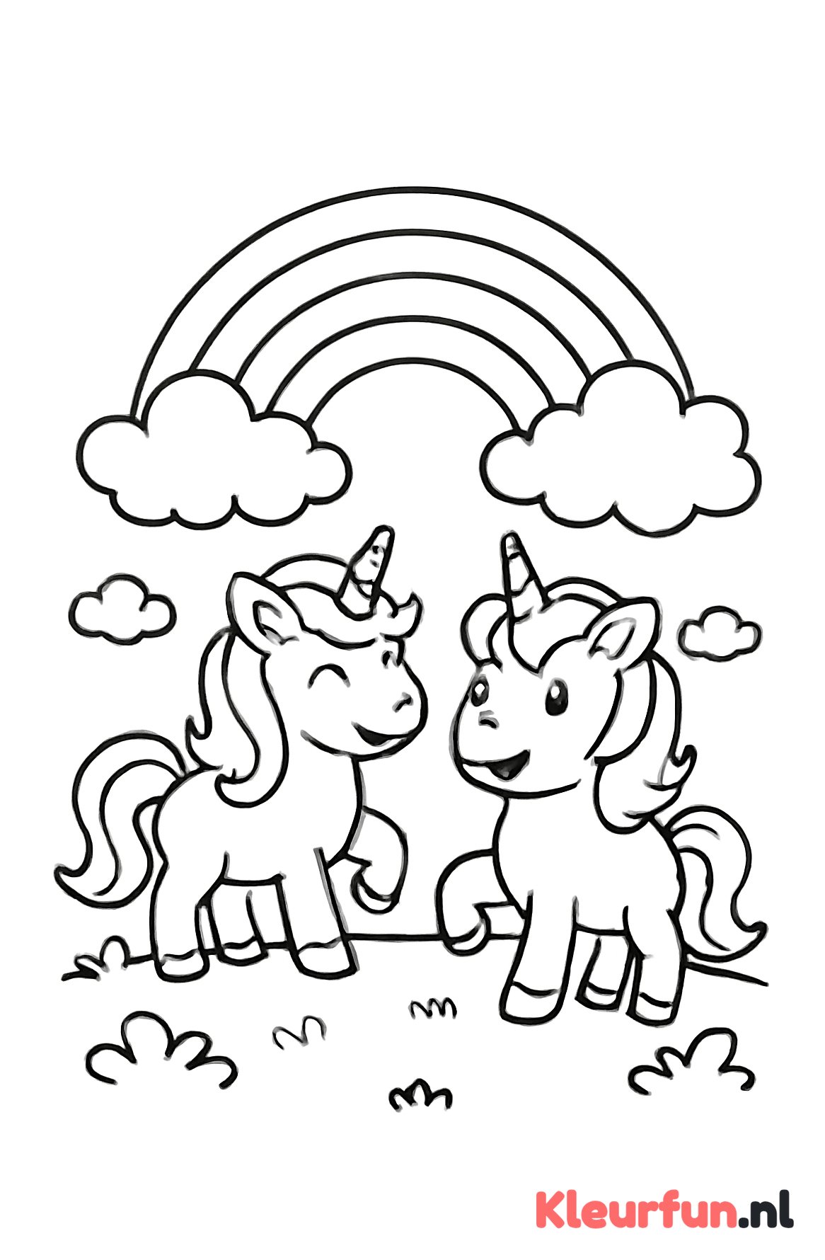 Twee Eenhoorns onder Regenboog met Wolken