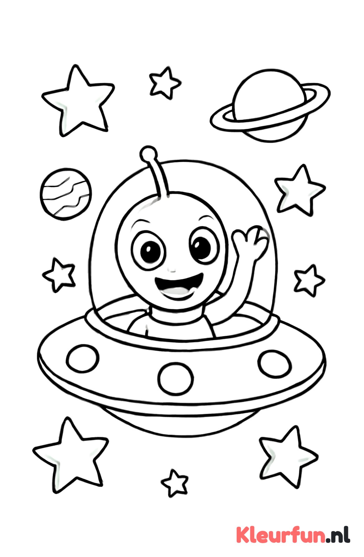 Vrolijke alien astronaut bij ruimteschip