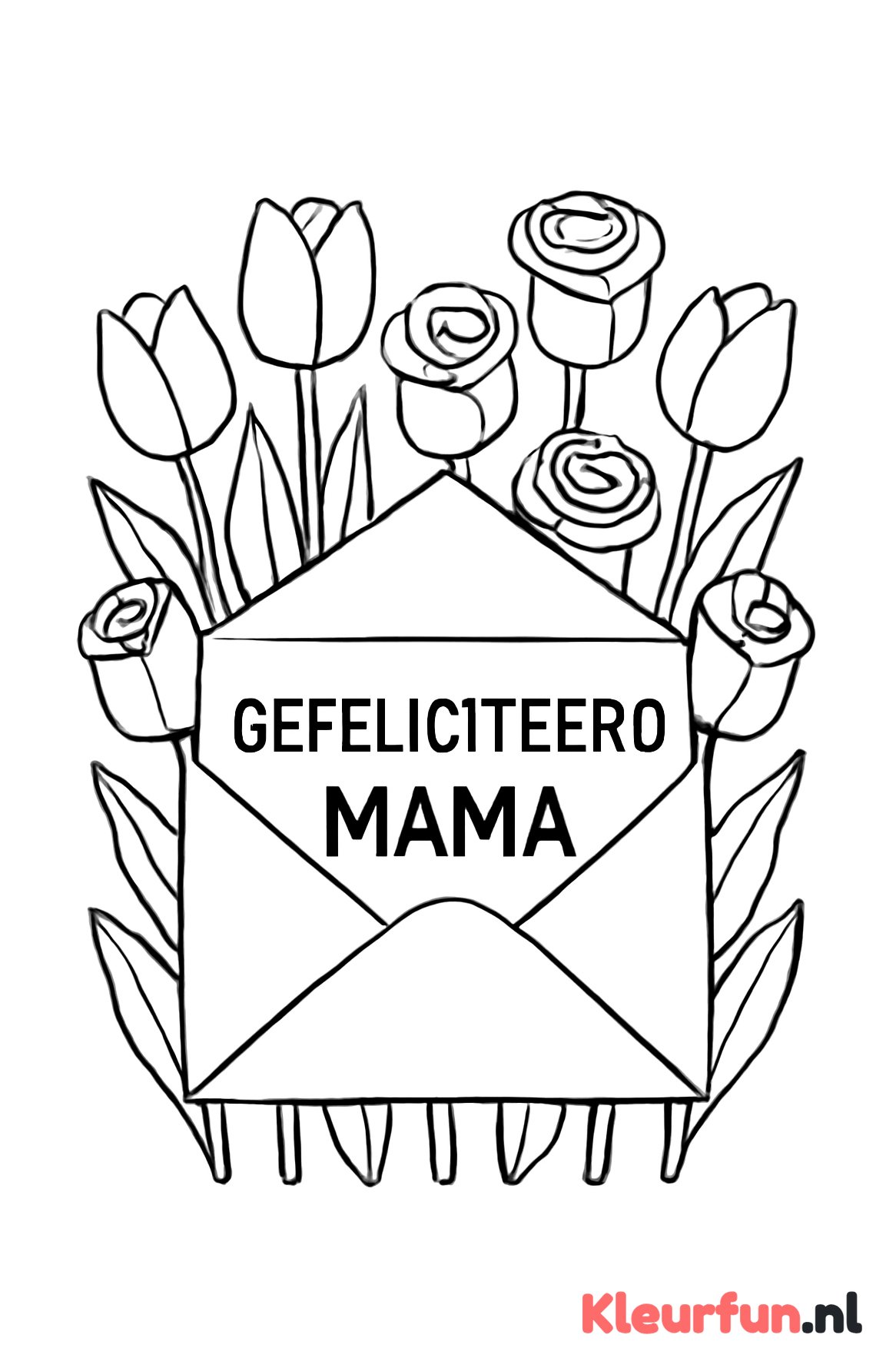 Bloemen en envelop met Gefeliciteerd mama