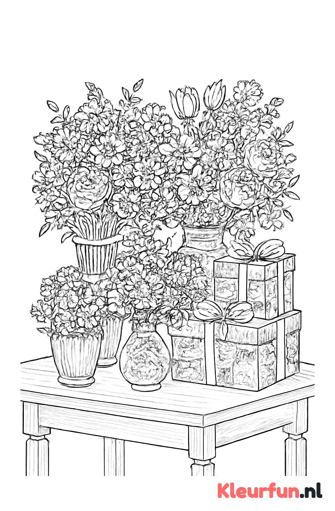 Bloemenboeketten en cadeaus op tafel