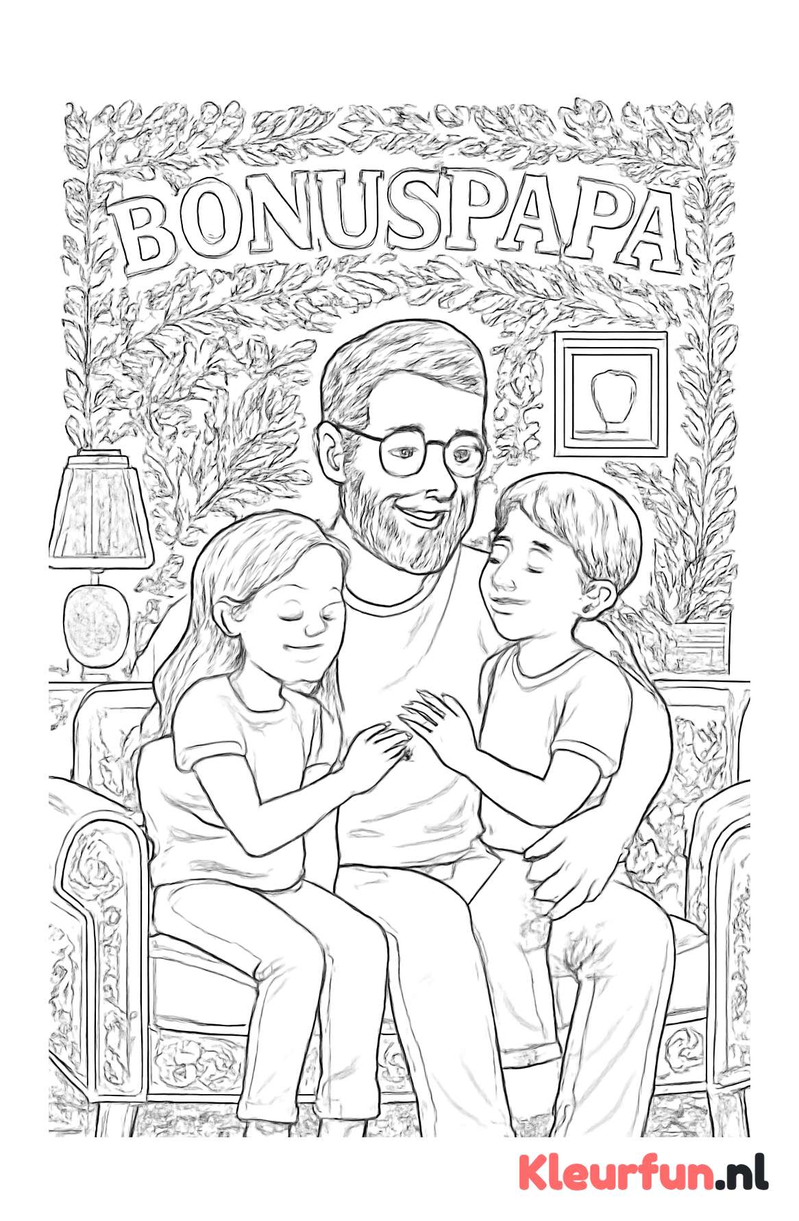 Bonuspapa met bonuskinderen in de woonkamer