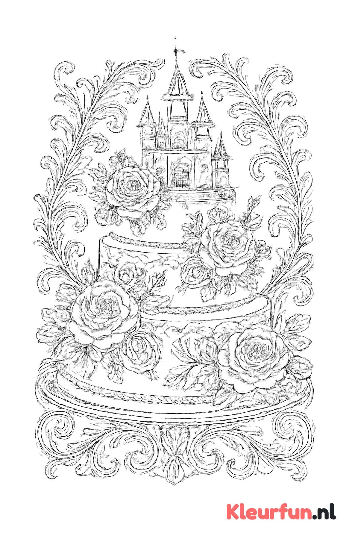 Bruidstaart met kasteel en bloemen