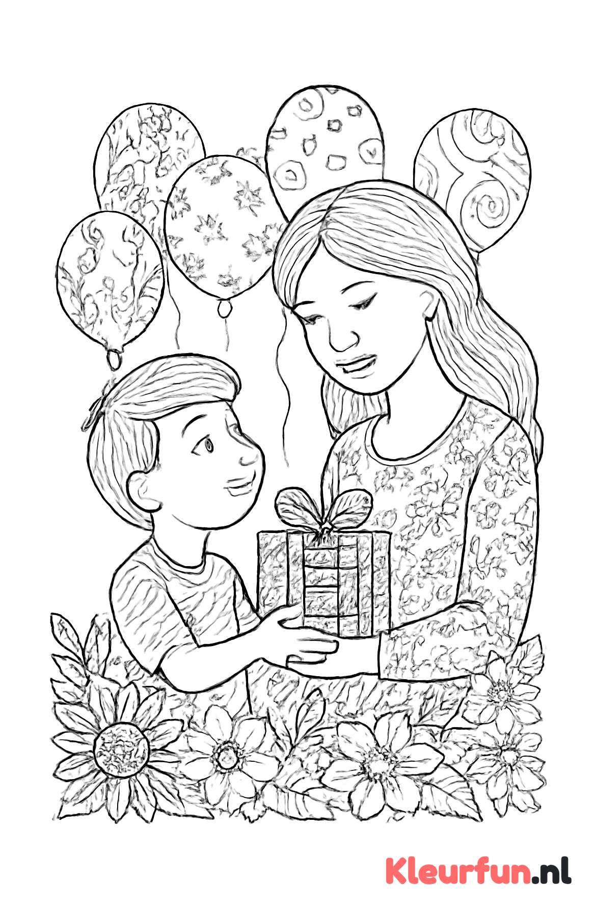 Kind geeft cadeau aan mama met ballonnen en bloemen