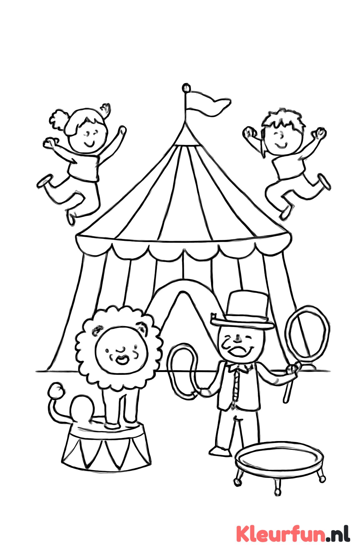 Circustent met leeuwentemmer en trampoline