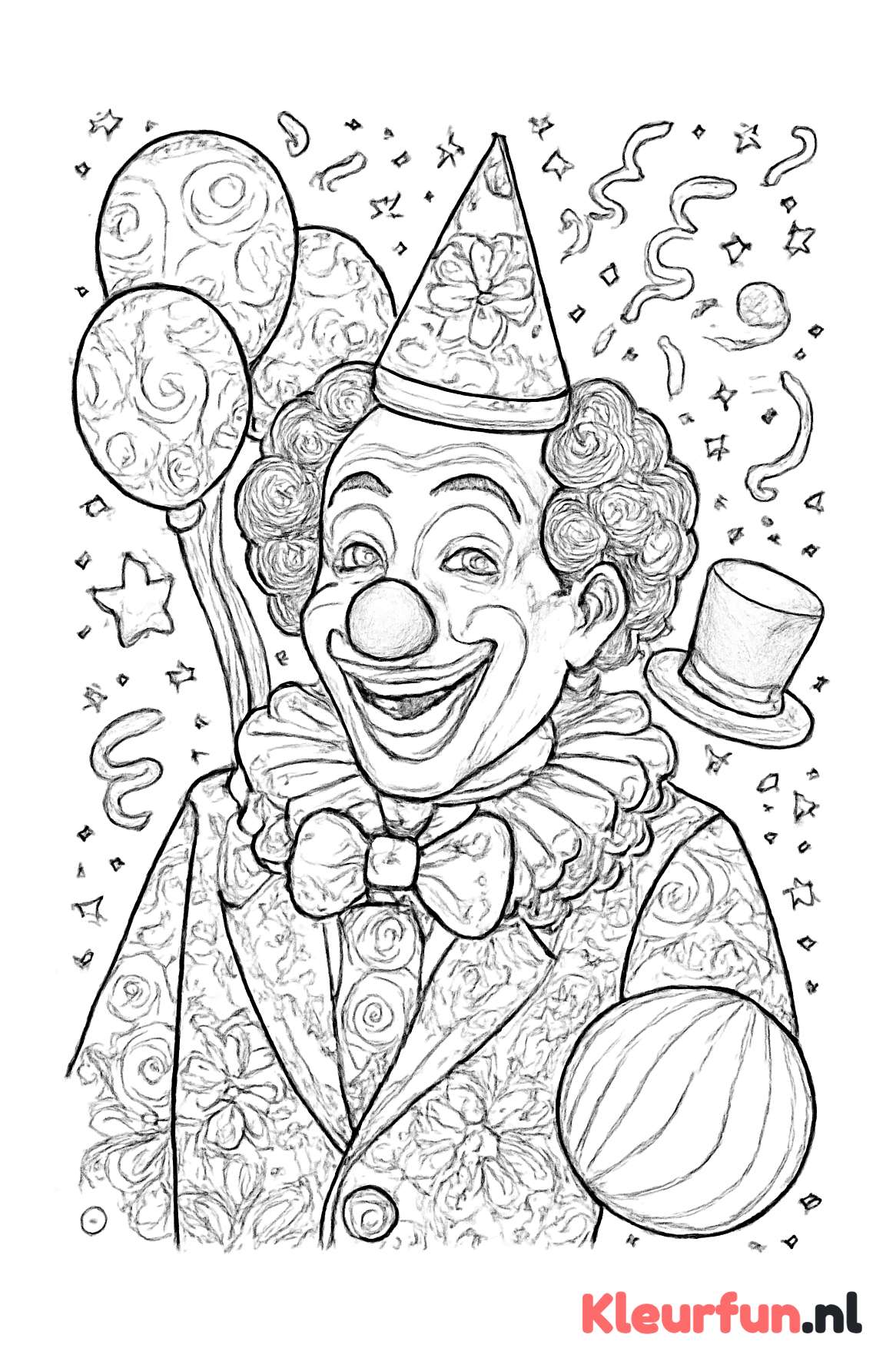 Clown met ballonnen en confetti