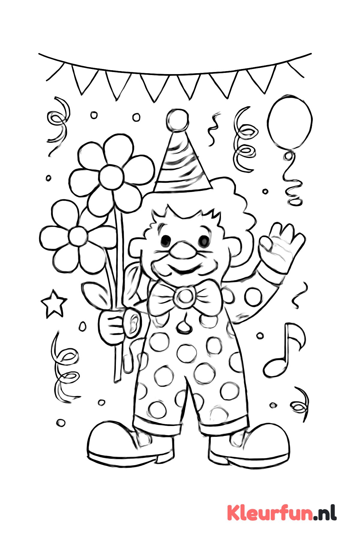 Clown met oversized bloemen en muzieknoot