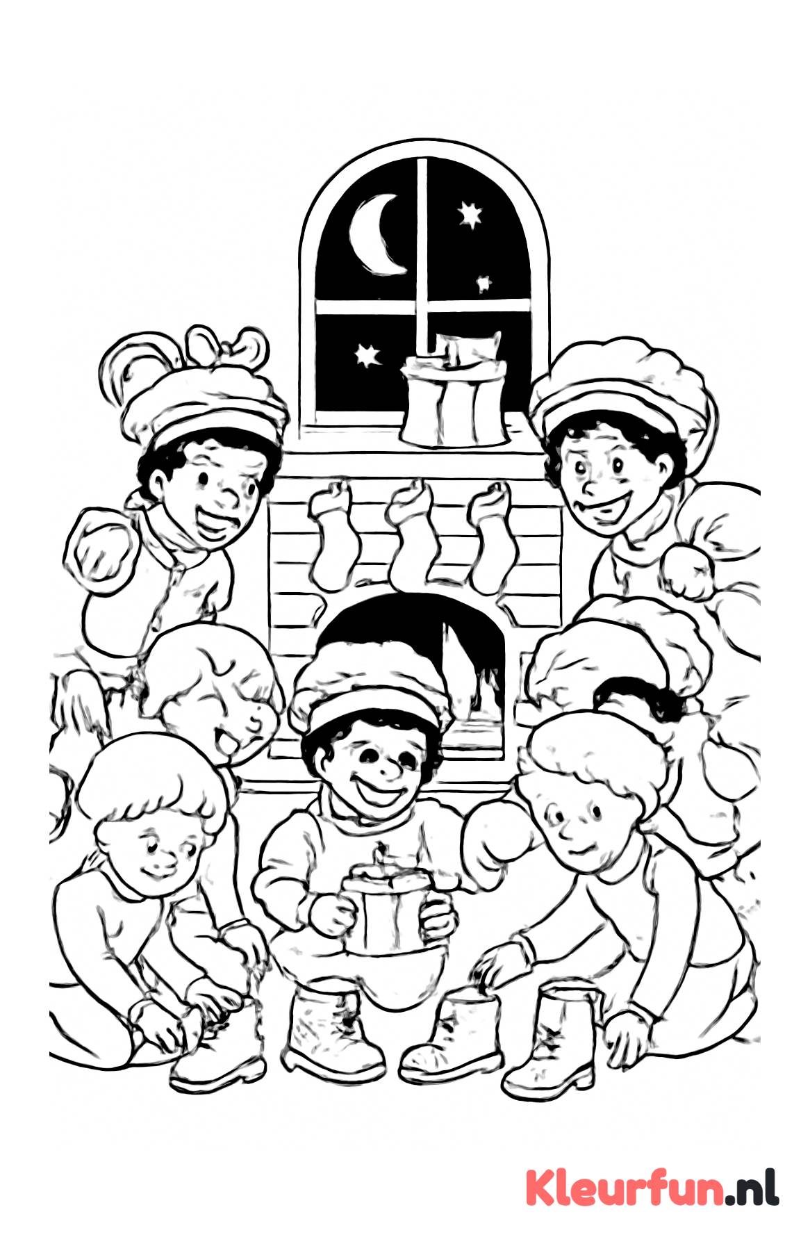 Kinderen zetten schoen met hulp van Pieten