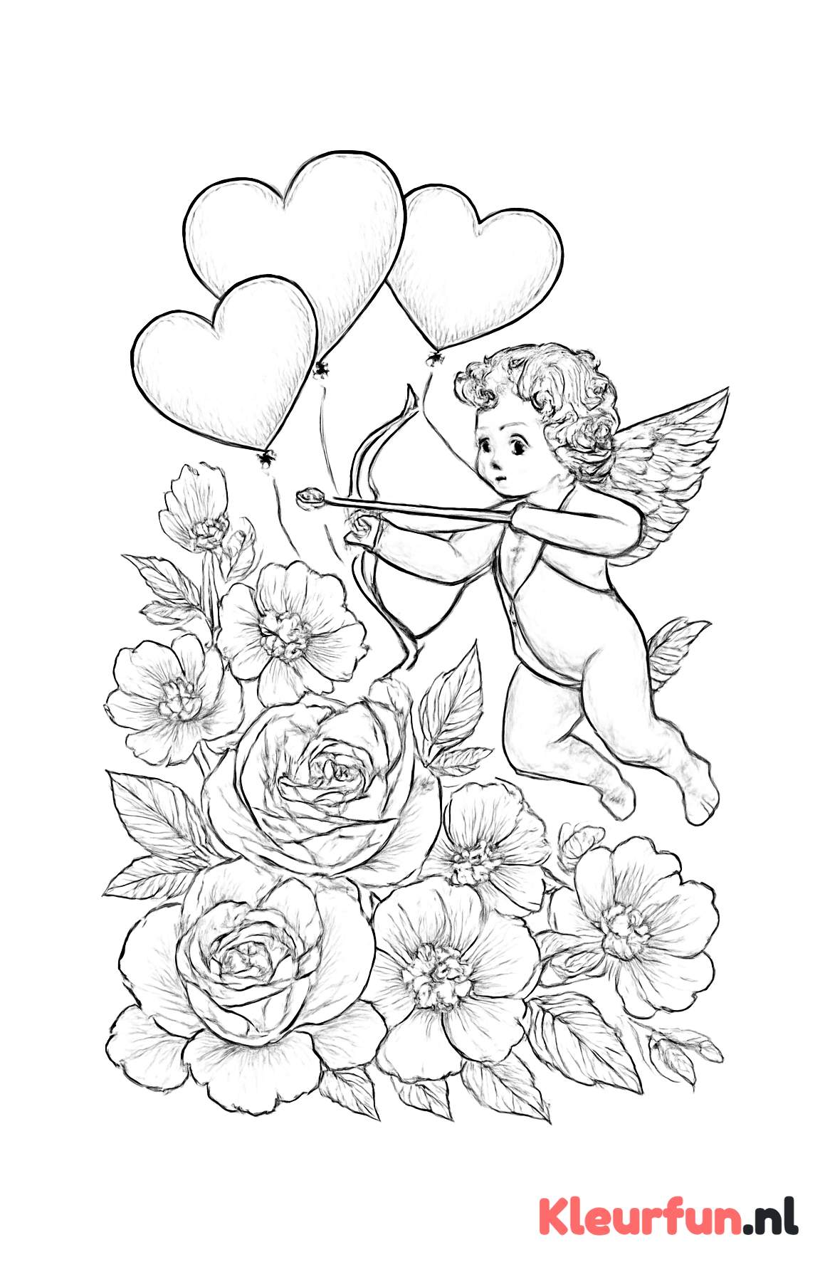 Cupido met bloemen en Balloons