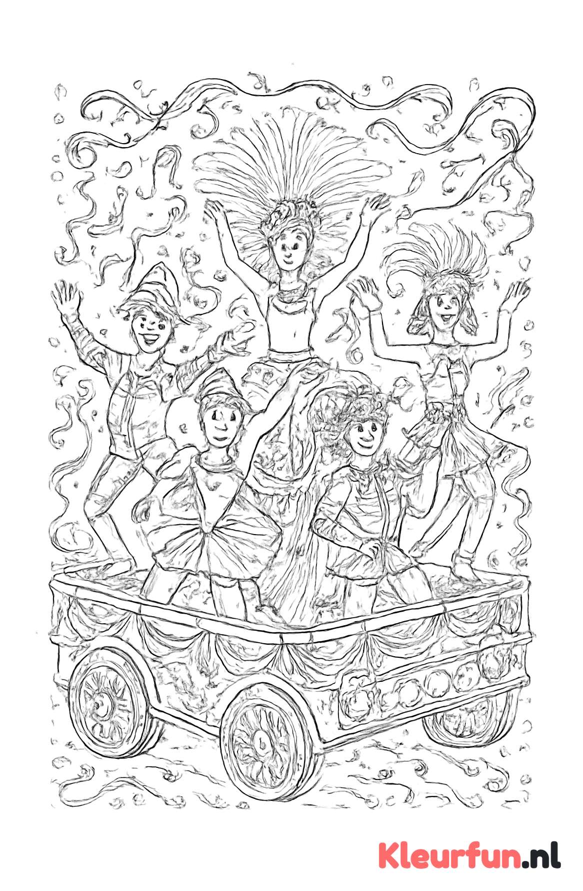 Carnavalswagen met dansende figuren en muzieknoten