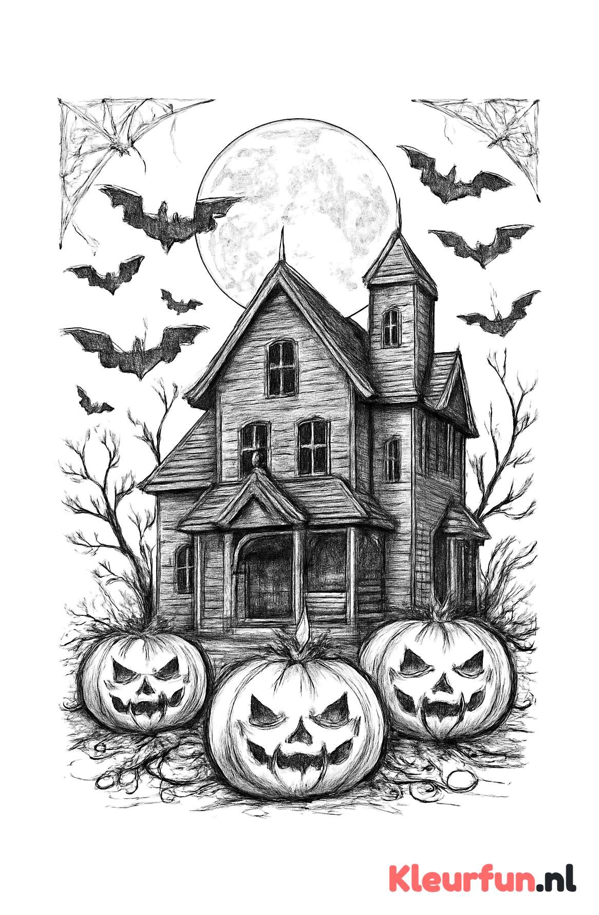 Spookhuis met vleermuizen en pompoenen