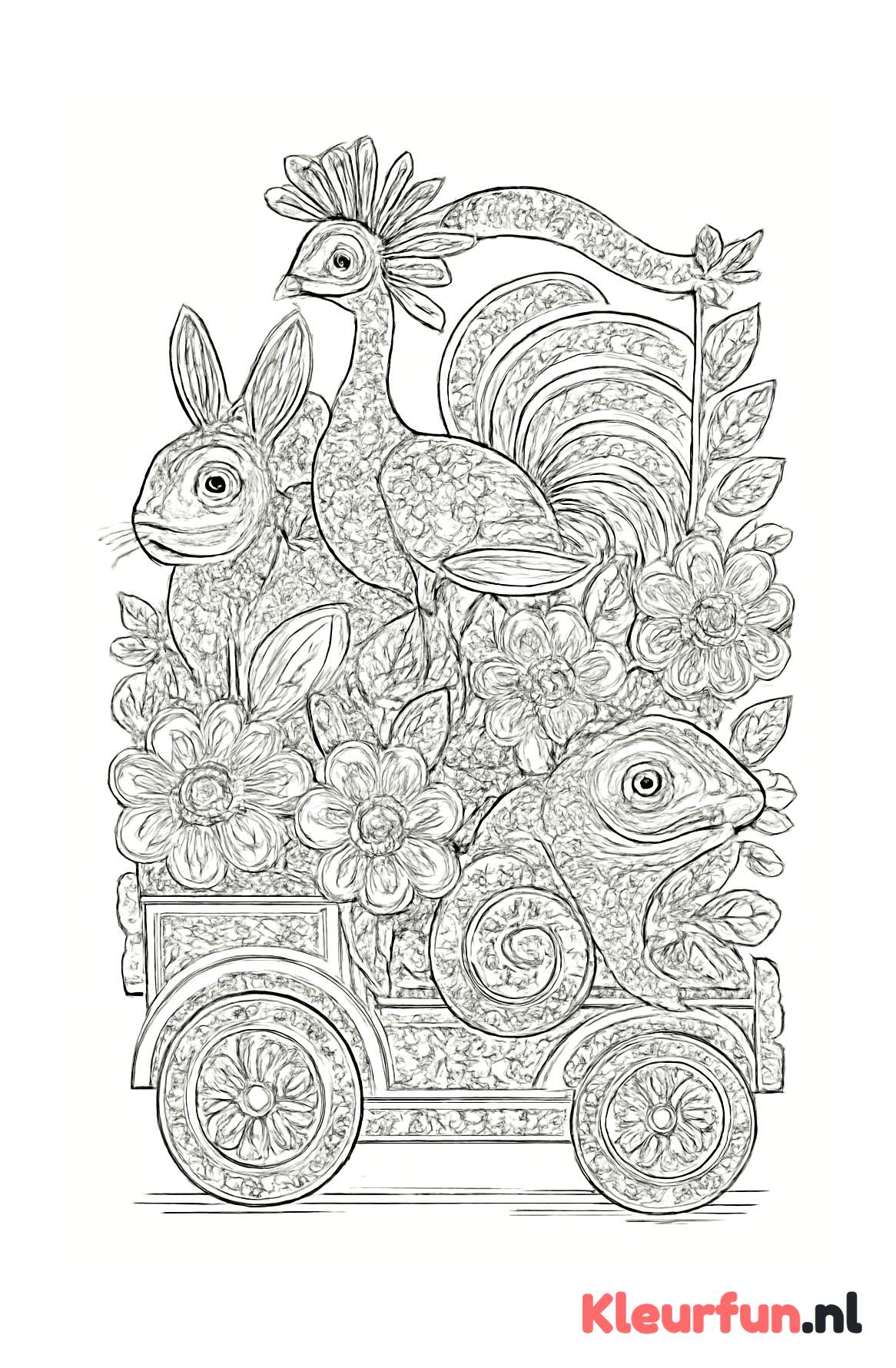 Fantasievolle carnavalswagen met dieren en bloemen