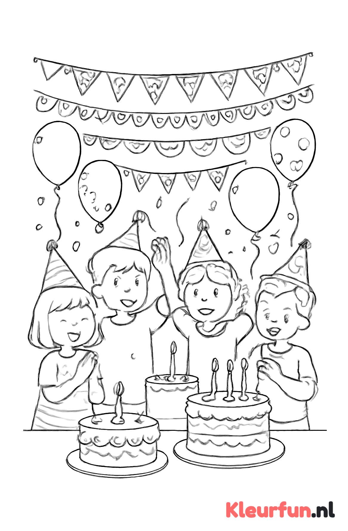 Feestelijke slingers, taart en ballonnen