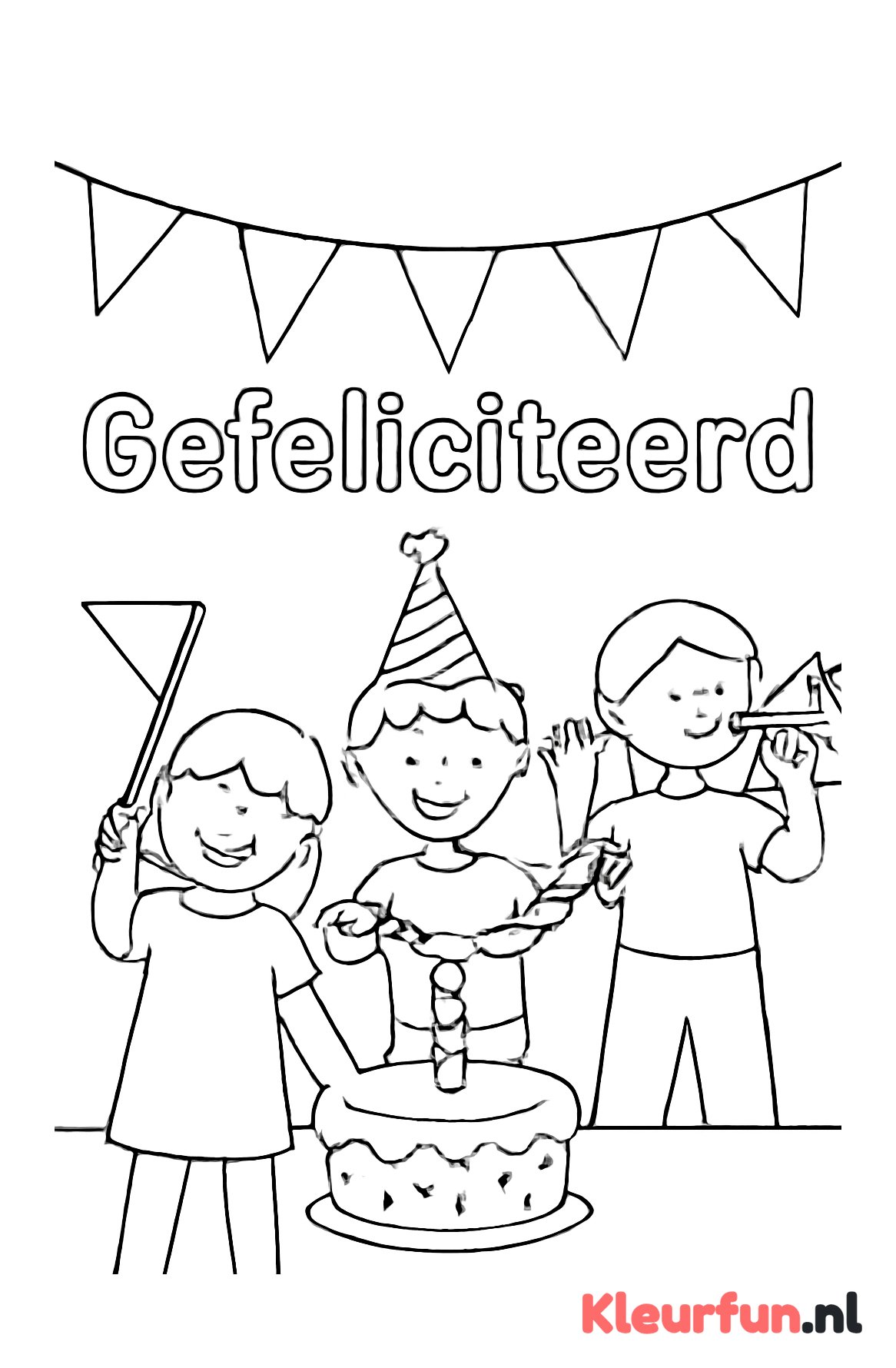 Kinderen met feesthoed en vlaggetjes plus 'Gefeliciteerd'