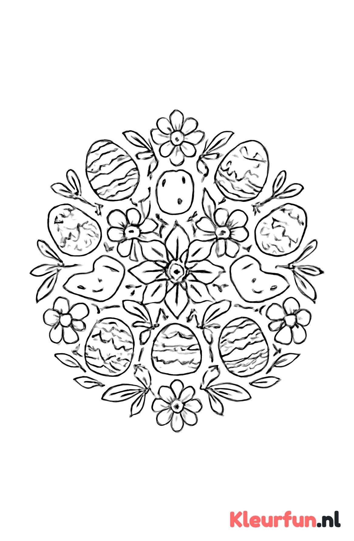 Paasmandala met kuikentjes, bloemen en blaadjes