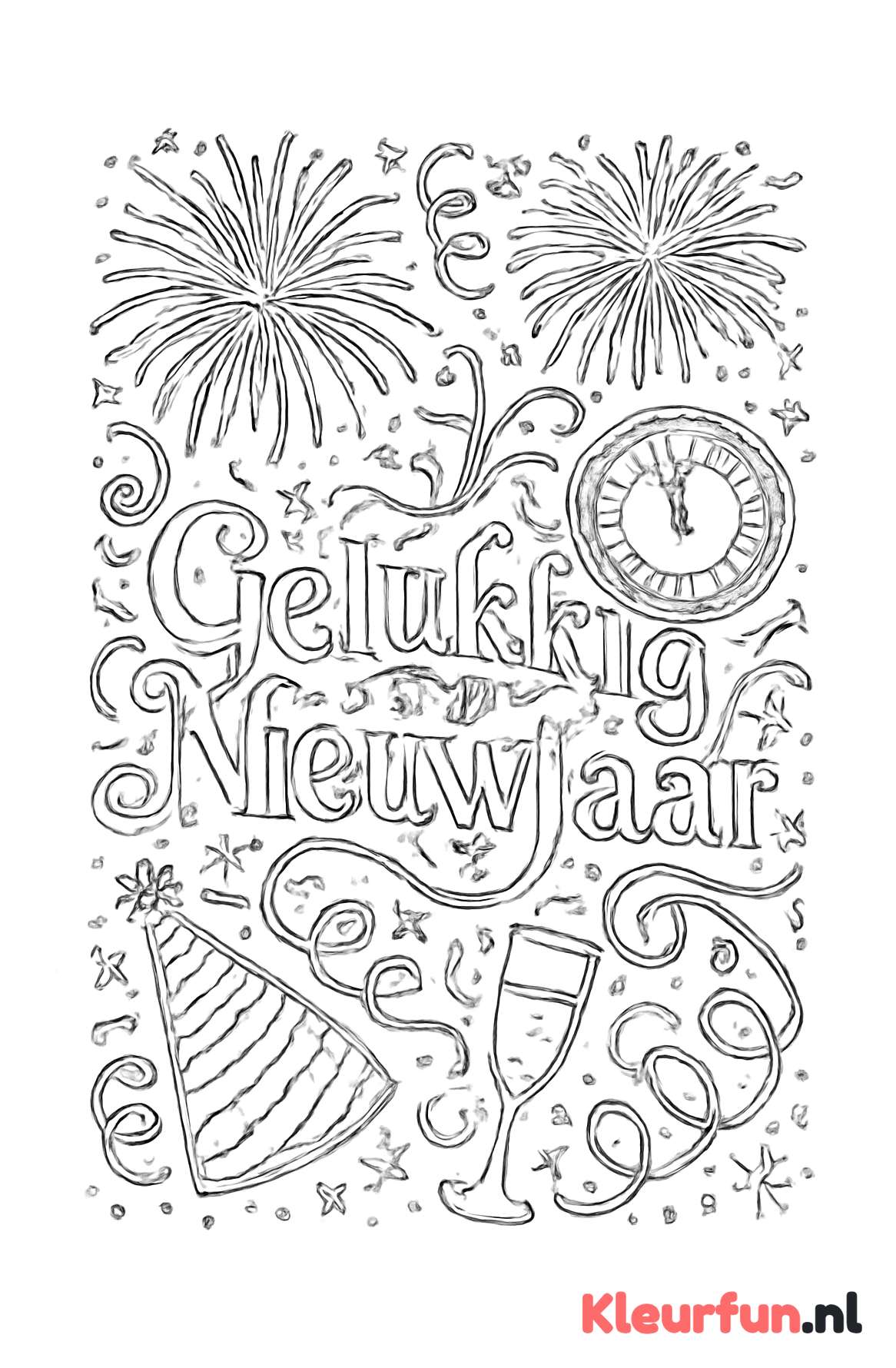 Gelukkig Nieuwjaar met vuurwerk en klok