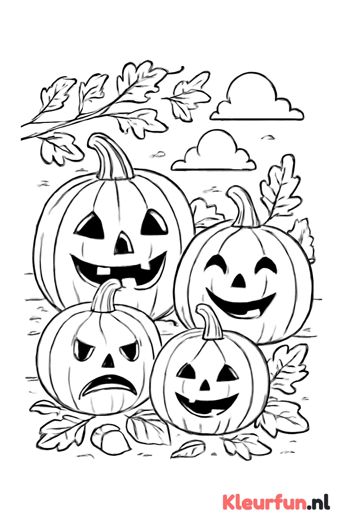 Groep Halloween pompoenen in herfstsetting