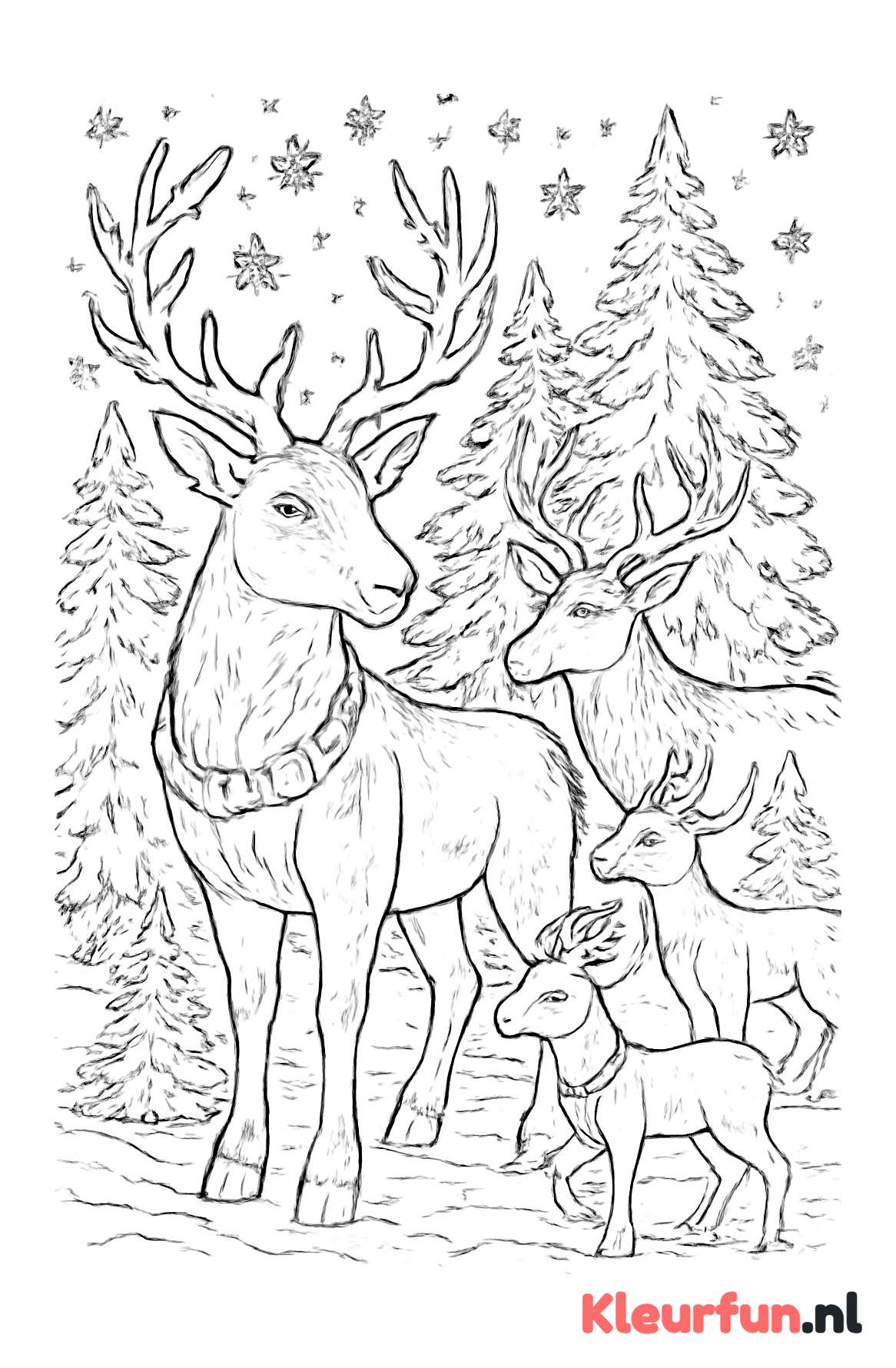 Groep rendieren in winterse kerstomgeving