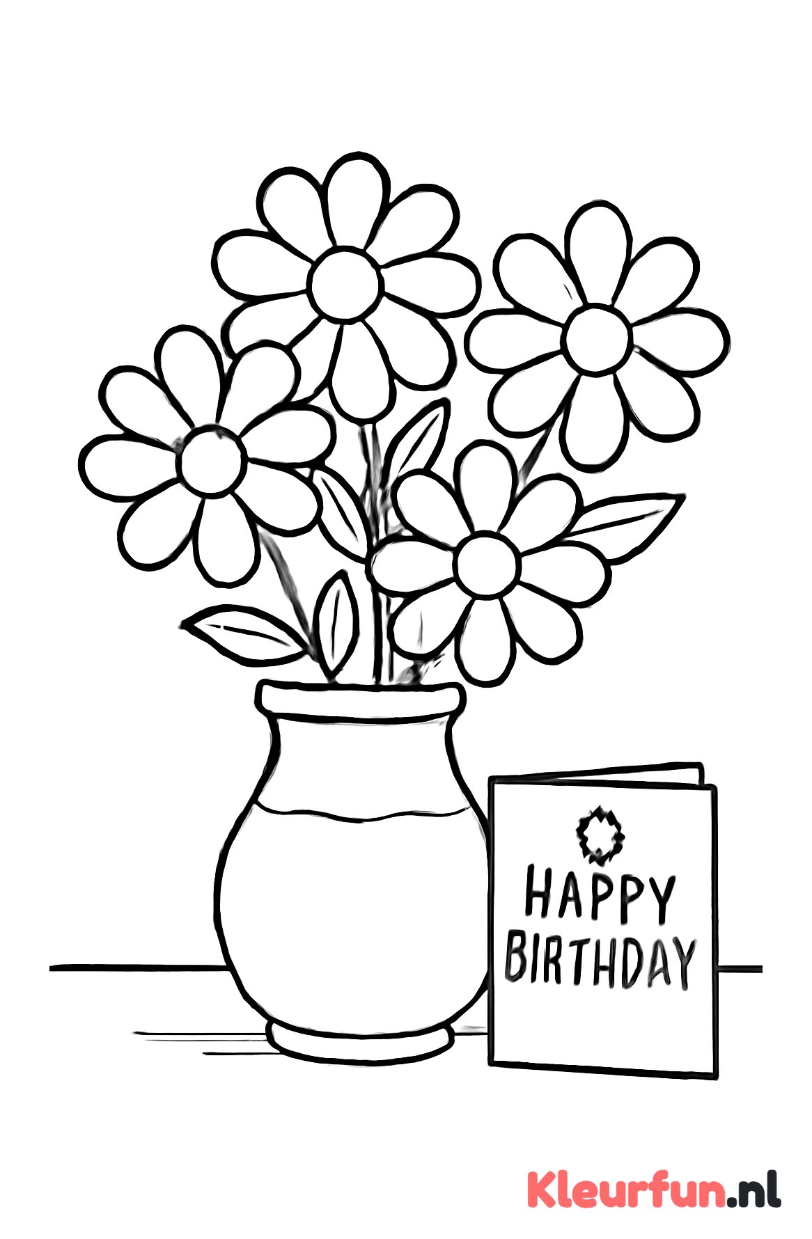Grote bloemen in vaas met verjaardagskaart