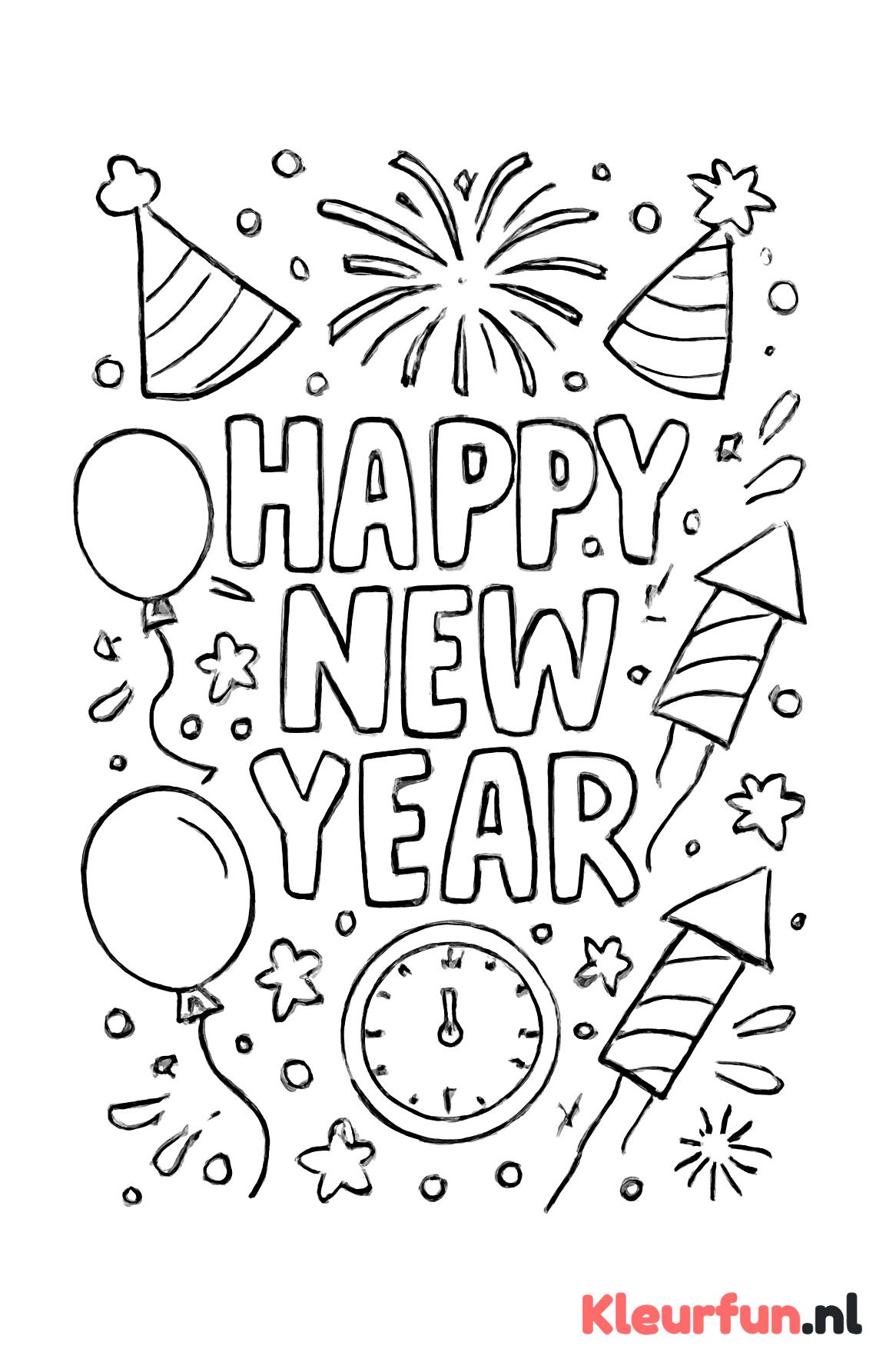 Happy New Year met vuurwerk en confetti