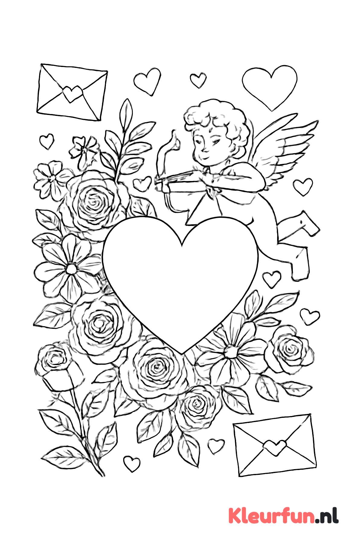 Romantisch Valentijnshart met Cupido en Bloemen