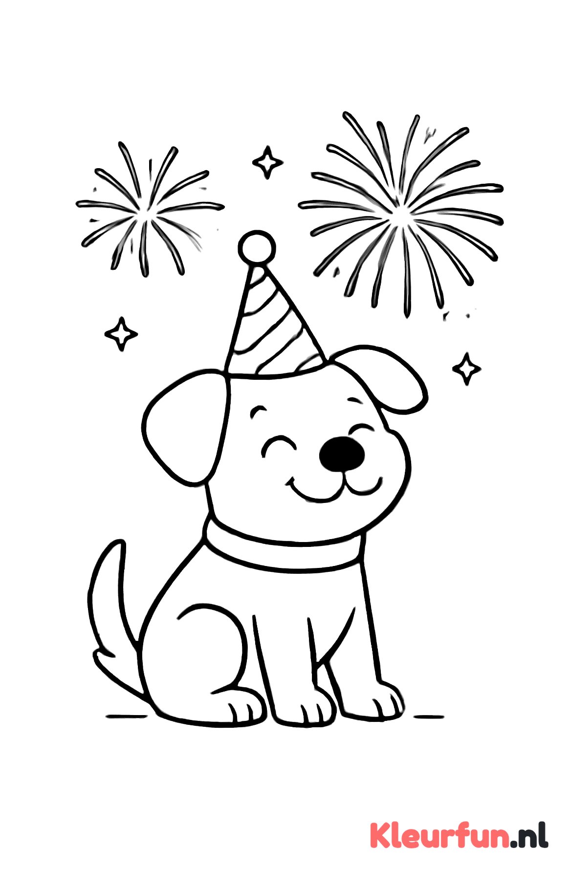 Hond met feesthoed en vuurwerk