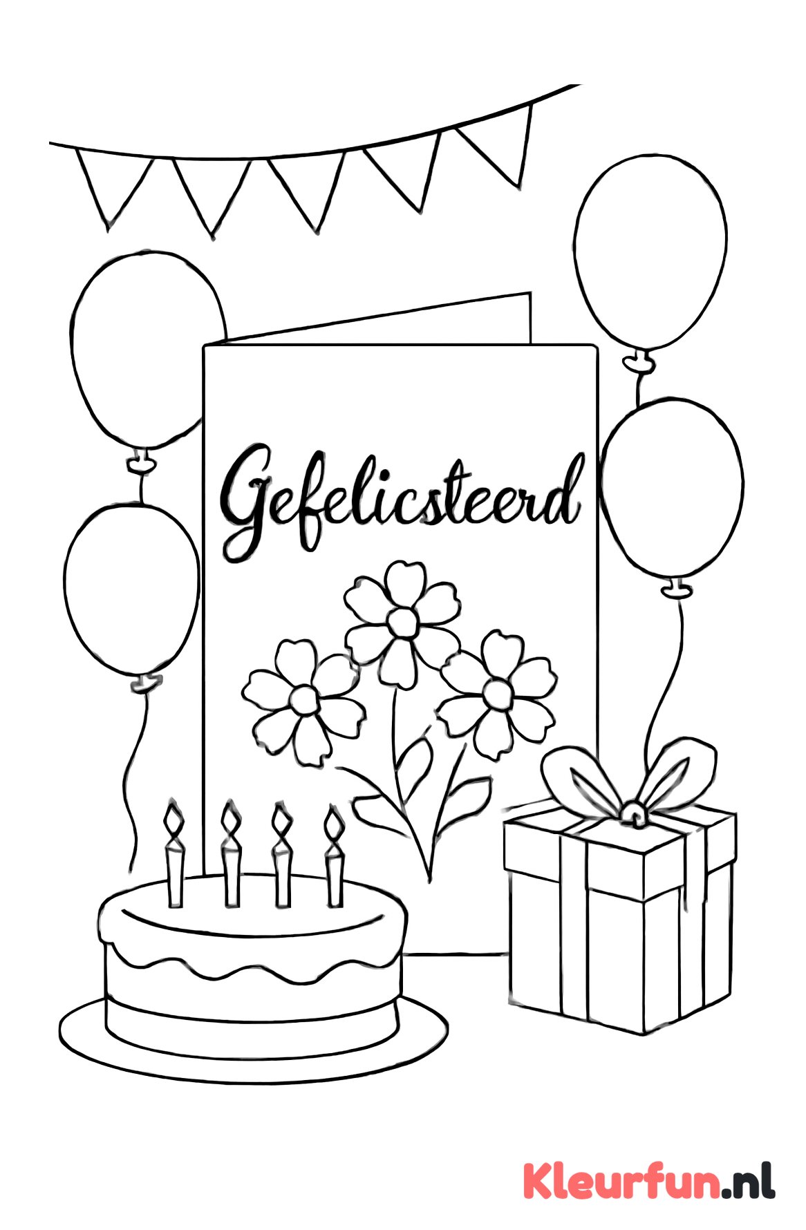Verjaardagskaart met bloemen en ballonnen