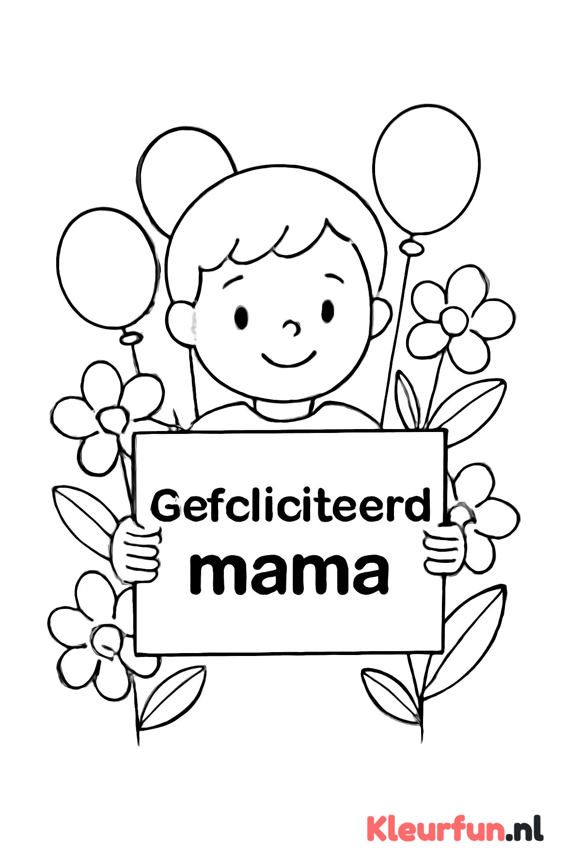 Kaart 'Gefeliciteerd mama' met bloemen en ballonnen