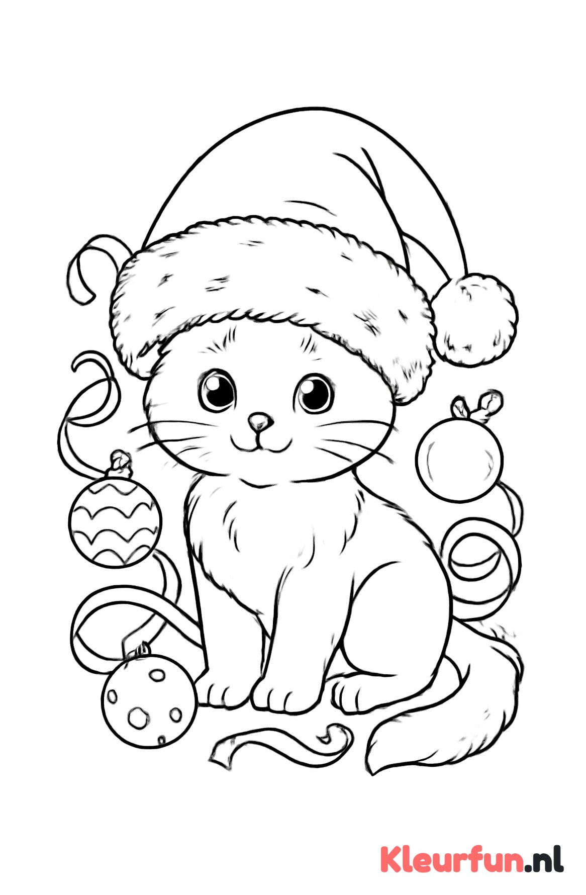 Kat met pluizige kerstmuts en kerstlinten