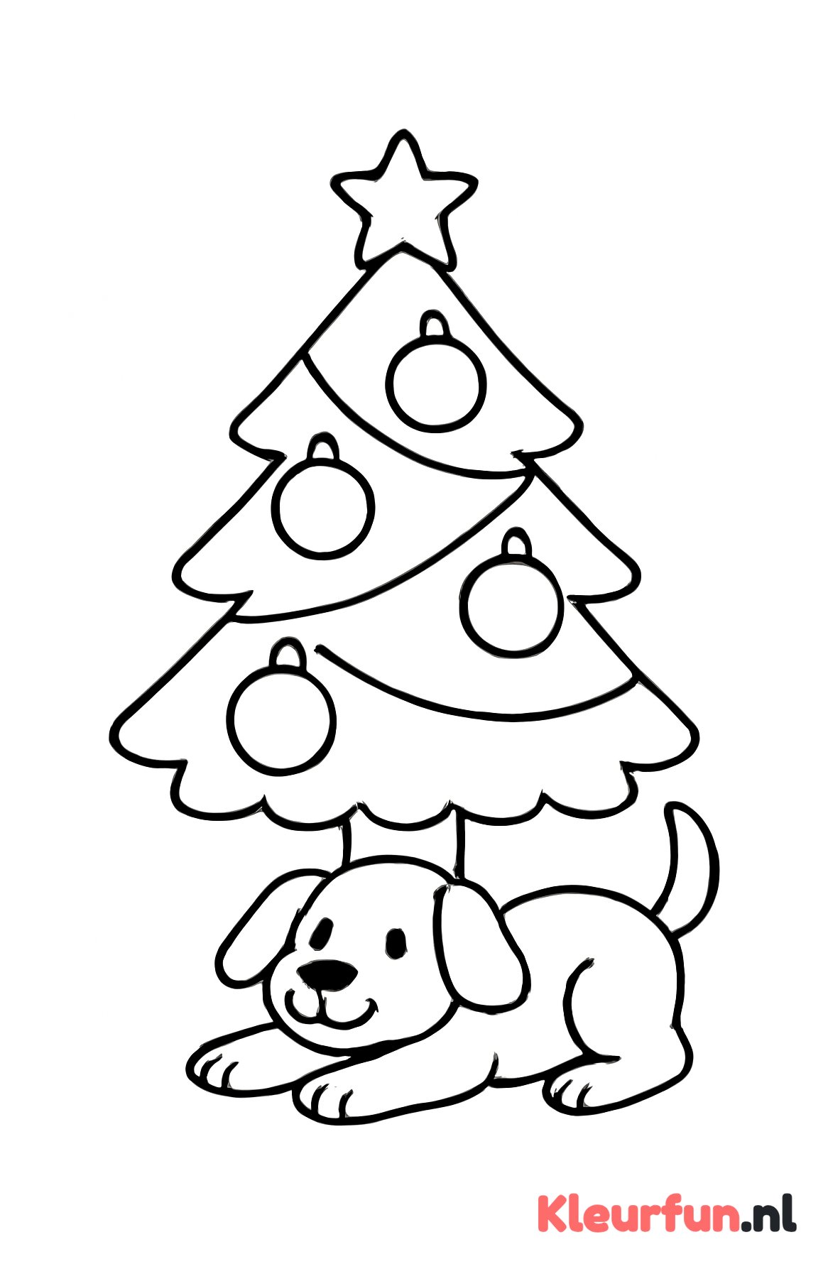 Kerstboom met bellen en hond