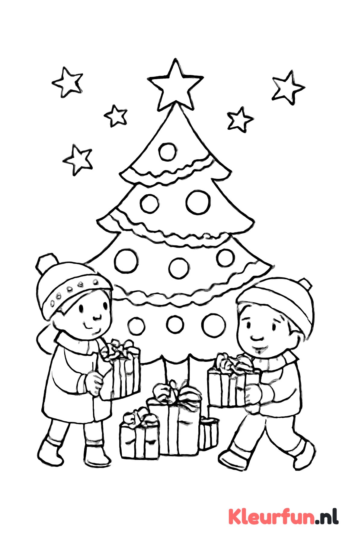 Kerstboom en kinderen met cadeautjes