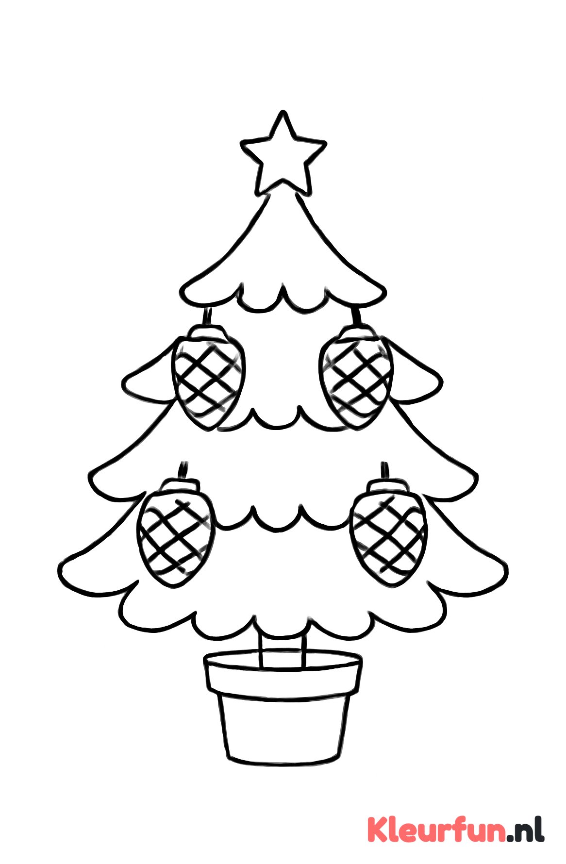 Kerstboom in pot met dennenappels