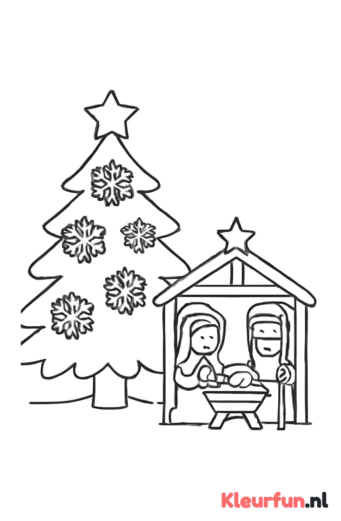 Kerstboom met sneeuwvlokken en kerststal