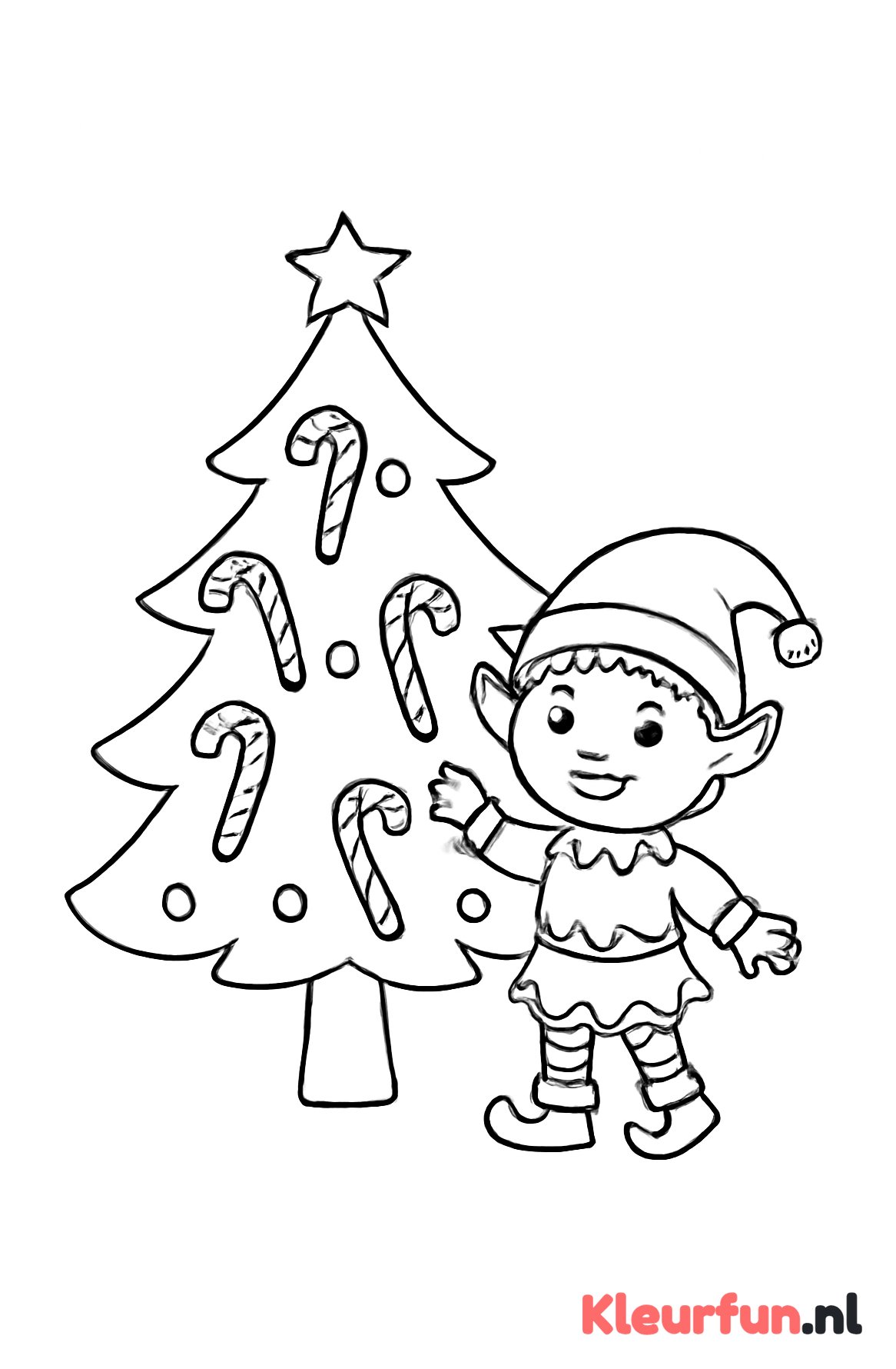 Kerstboom met snoepstokken en elf