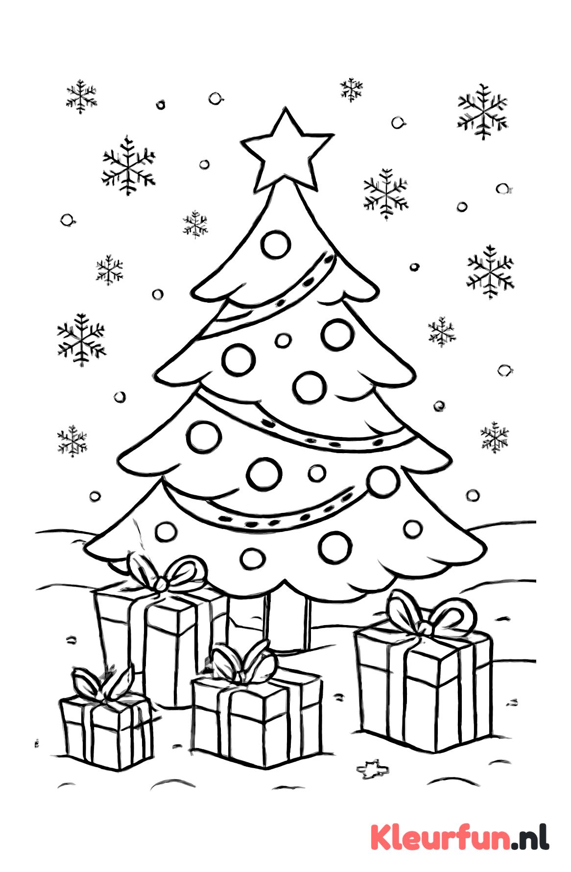 Kerstboom met cadeautjes en sneeuwvlokken