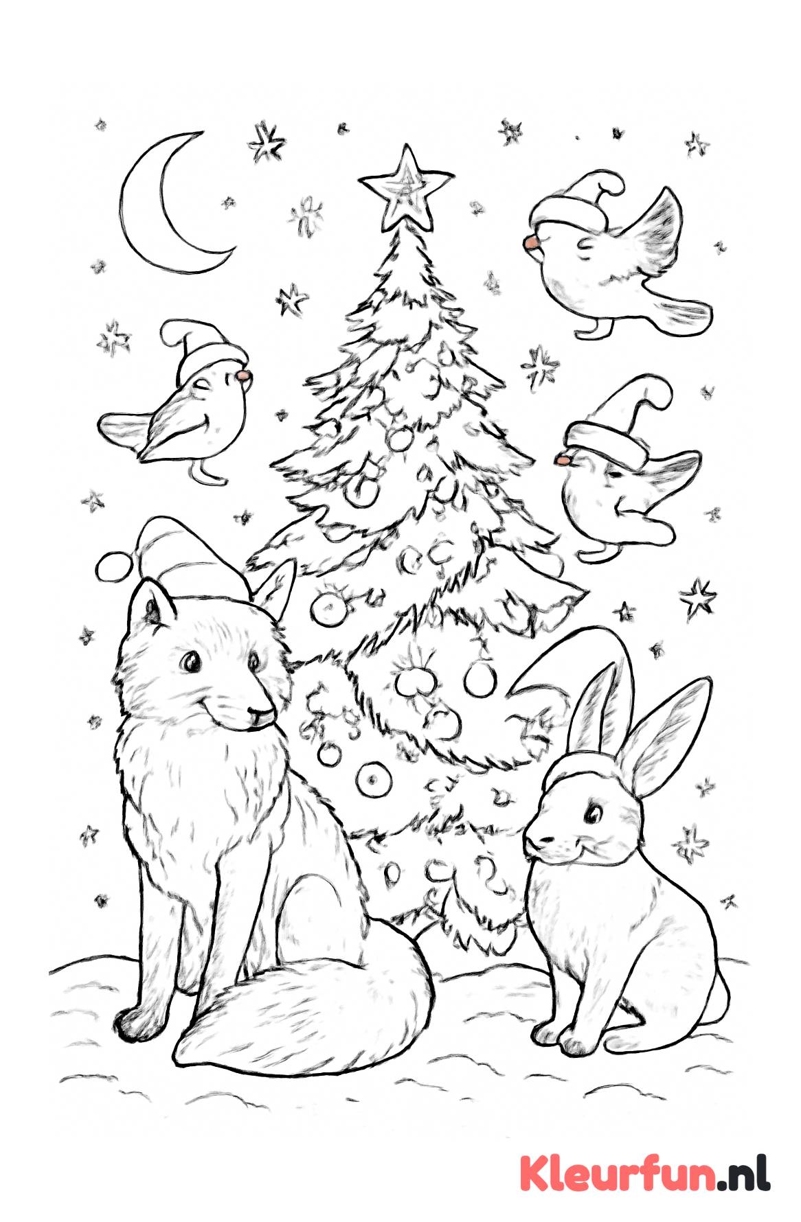 Kerstnacht met dieren rondom de kerstboom