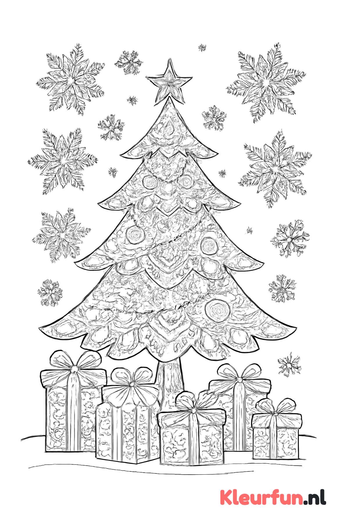 Kerstboom met cadeaus en sneeuwvlokken