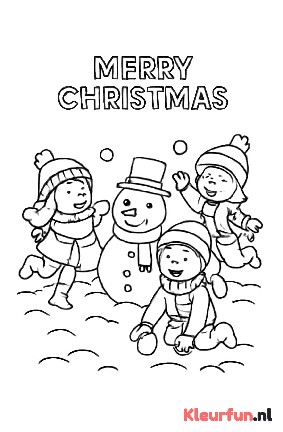 Kerstkaart met spelende kinderen en sneeuwpop