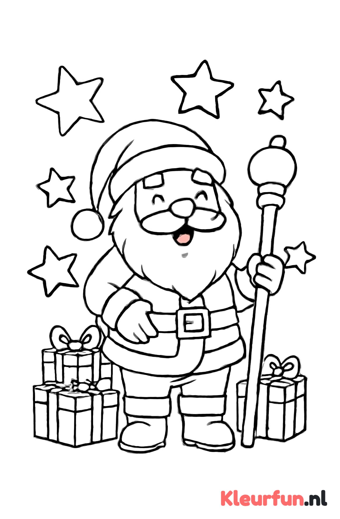 Kerstman met staf en cadeaus