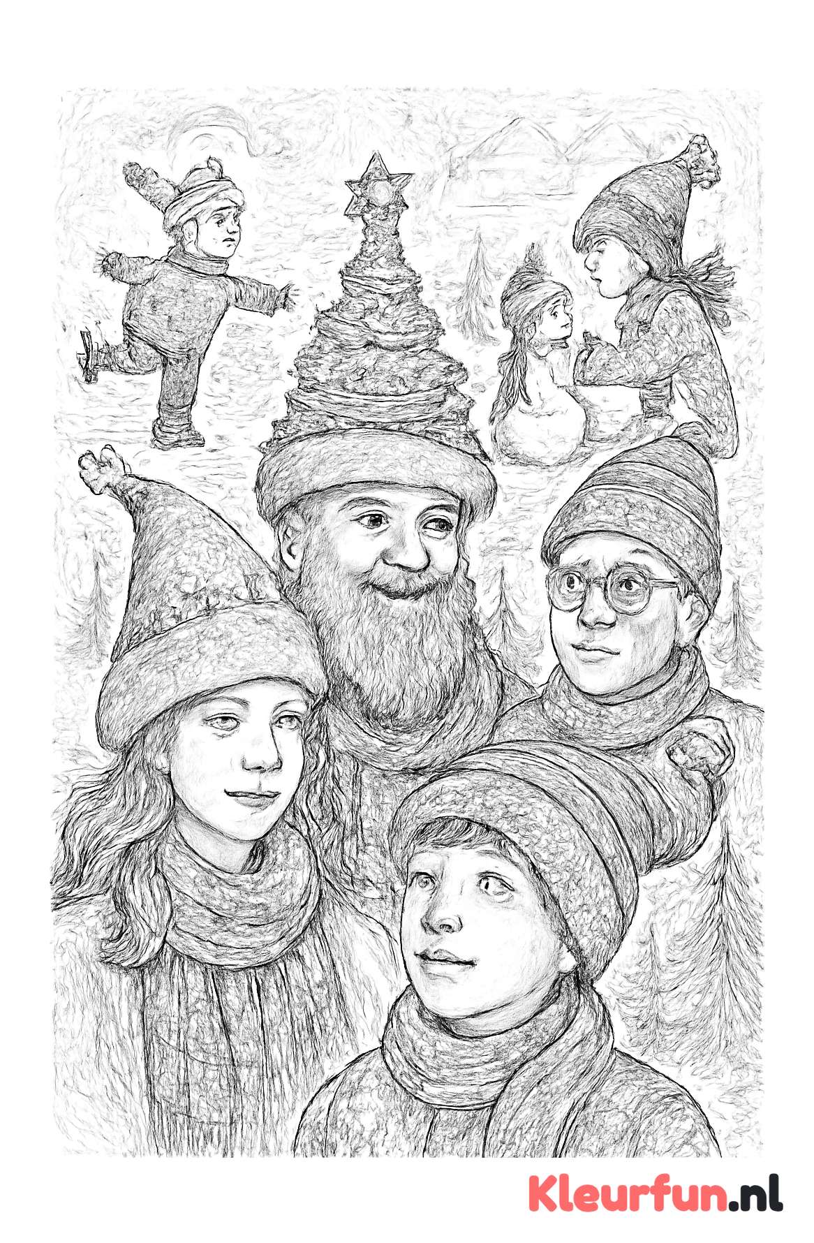 Wintertafereel met diverse kerstmutsen