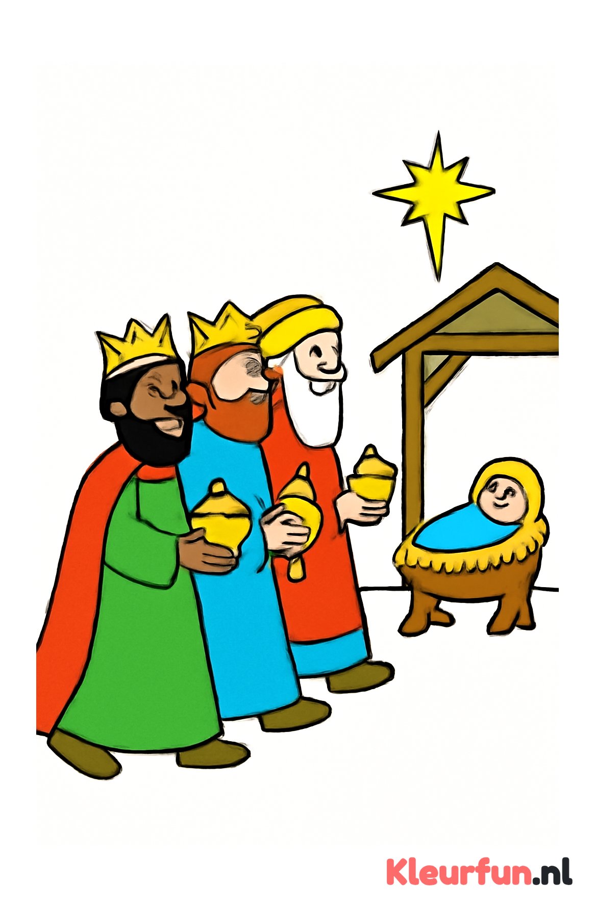 Drie koningen met cadeaus bij de kerststal