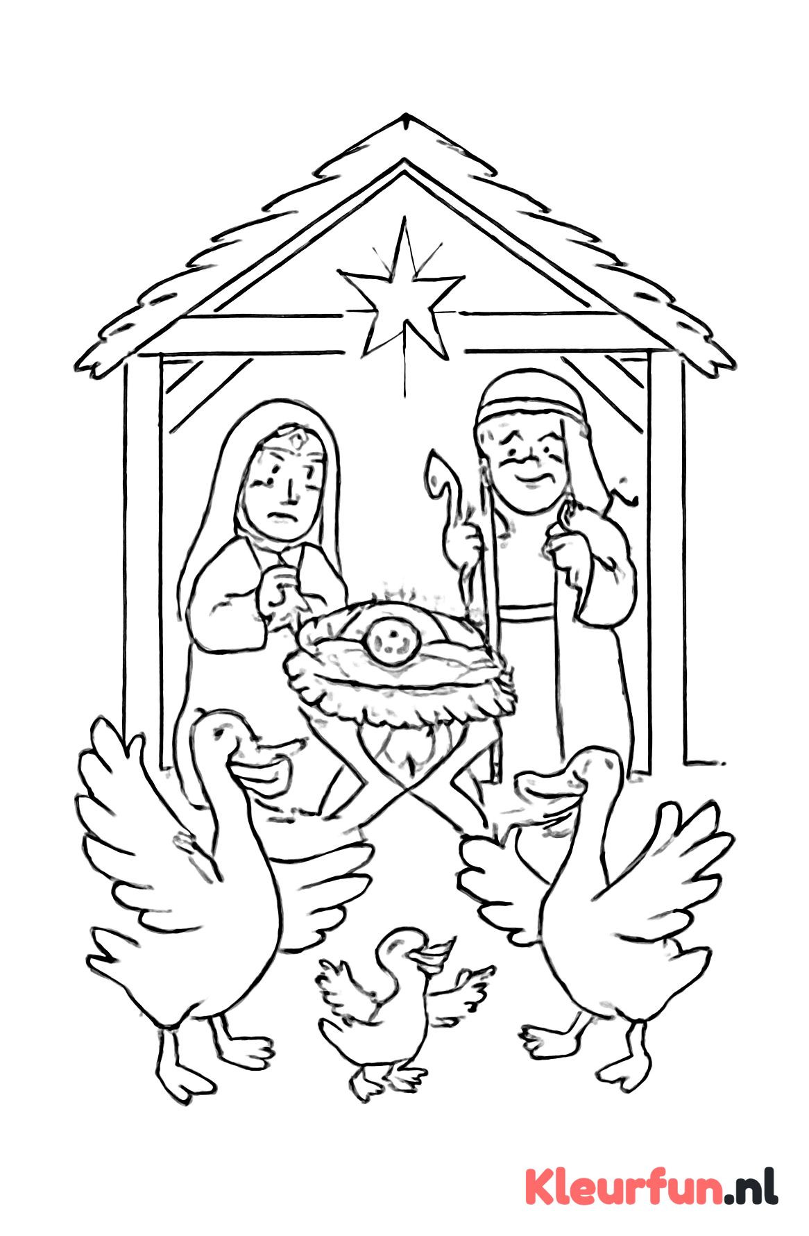 Ganzenfamilie bij de kerststal