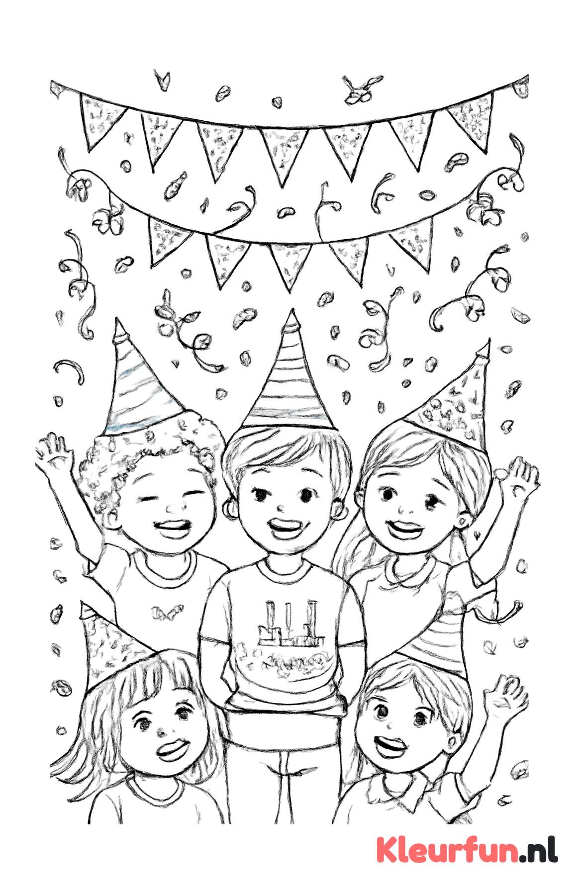 Kinderen vieren verjaardag met slingers en confetti