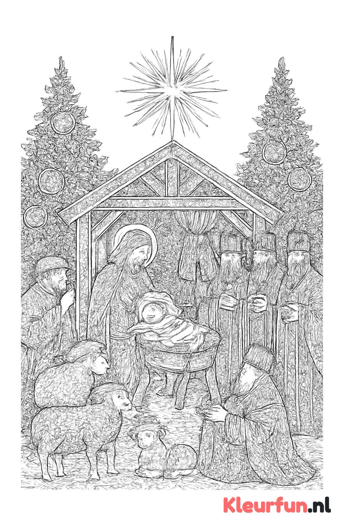 Klassieke kerststal met kerstfiguren en sterren