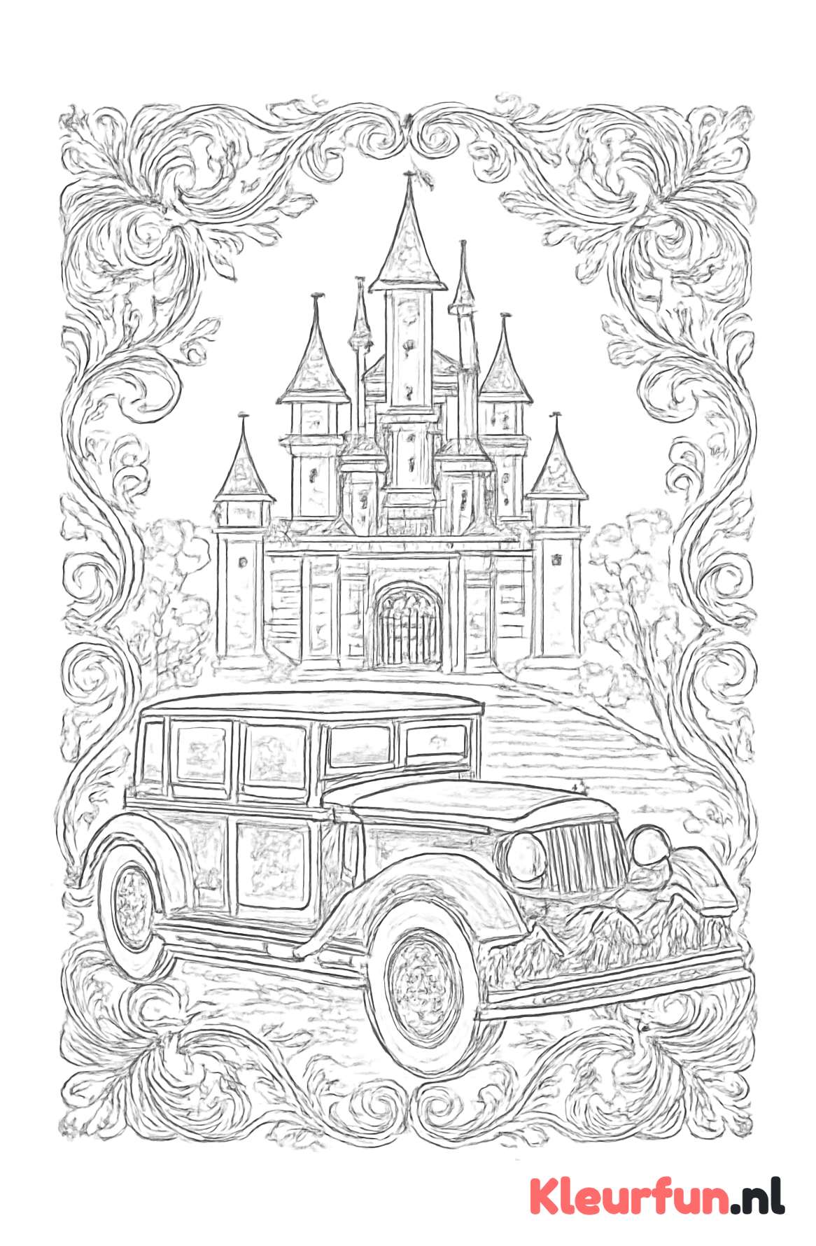 Klassieke trouwauto bij kasteel